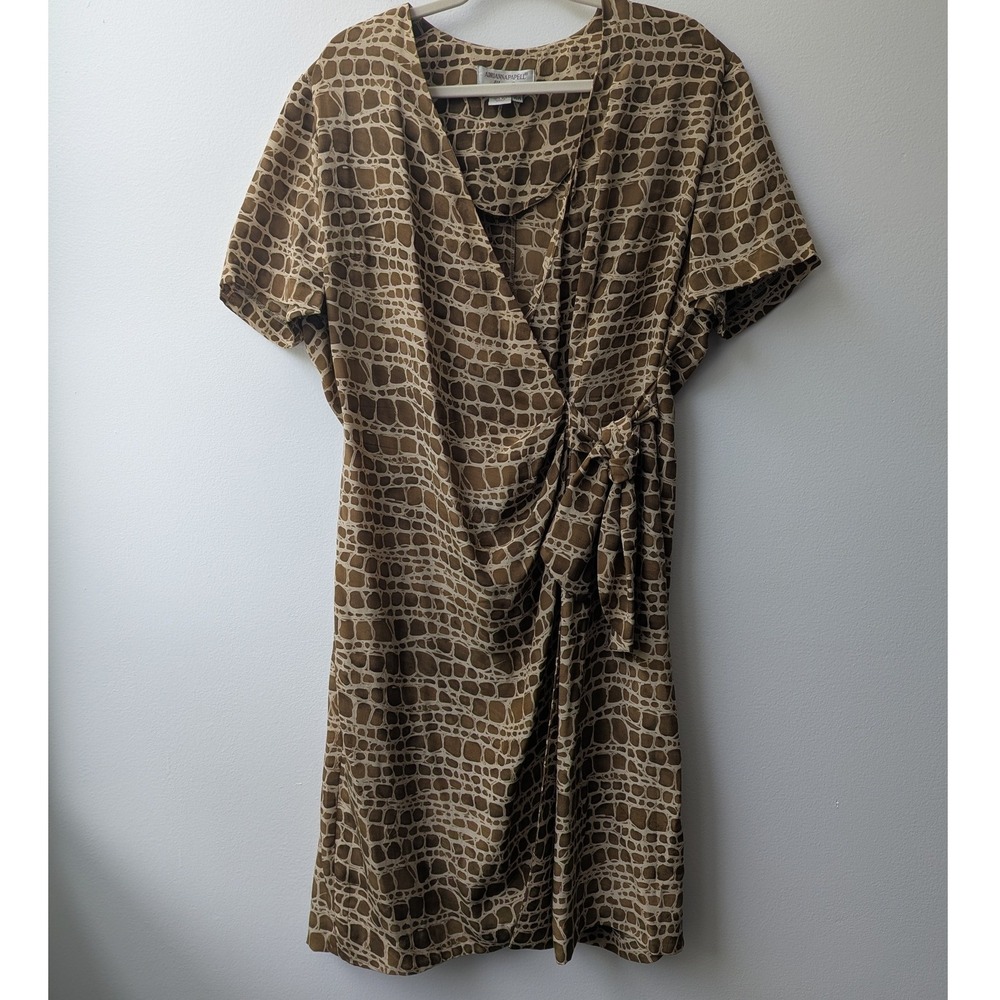 Vtg Adrianna Papell Wrap Dress Brown Silk Abstract Animal Print 14W Safari
